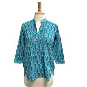 Anokhi Paisley Split-Neck 3/4 Sleeve Blouse Top Turquoise size Small